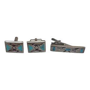 Vintage Southwestern Turquoise Inlay Roadrunner Cufflinks Tie Clip Set Sterling